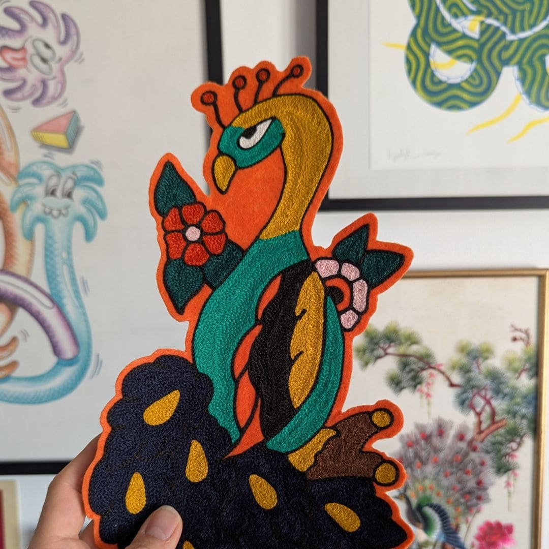 Patch paon inspiration tatouage traditionnel brodé